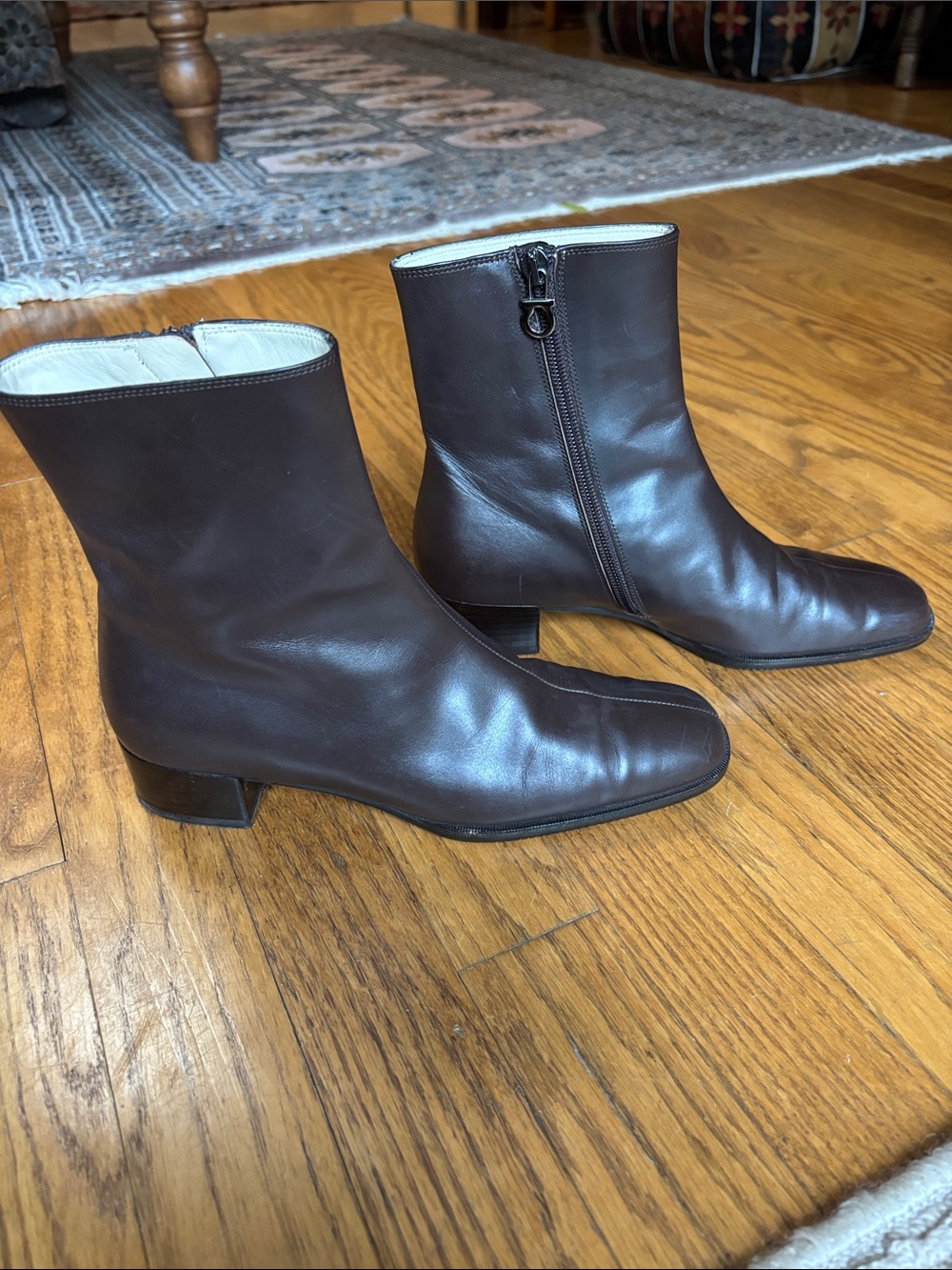 Salvatore Ferragamo Dark Brown Leather Ankle Booties with Side Zip 5.5